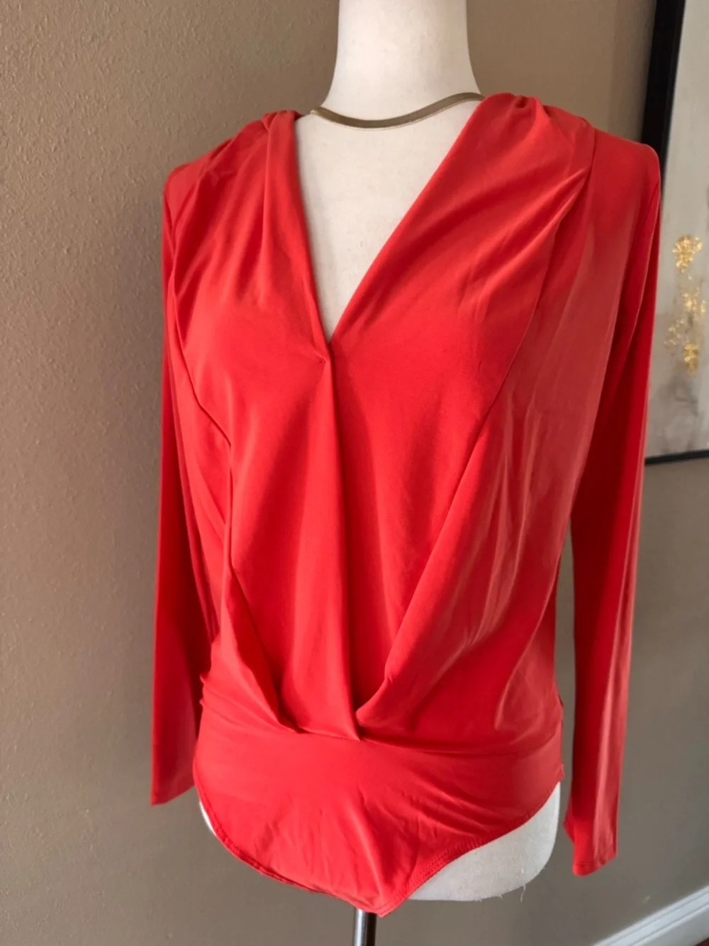 V-Neck Long Sleeve Wrap Bodysuit in Coral Red - Picture 7 of 12